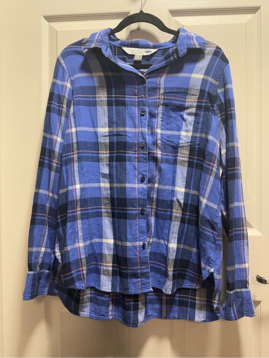 Old Navy Tops - Old Navy Blue and Navy peach Plaid Button-Front Shirt size L